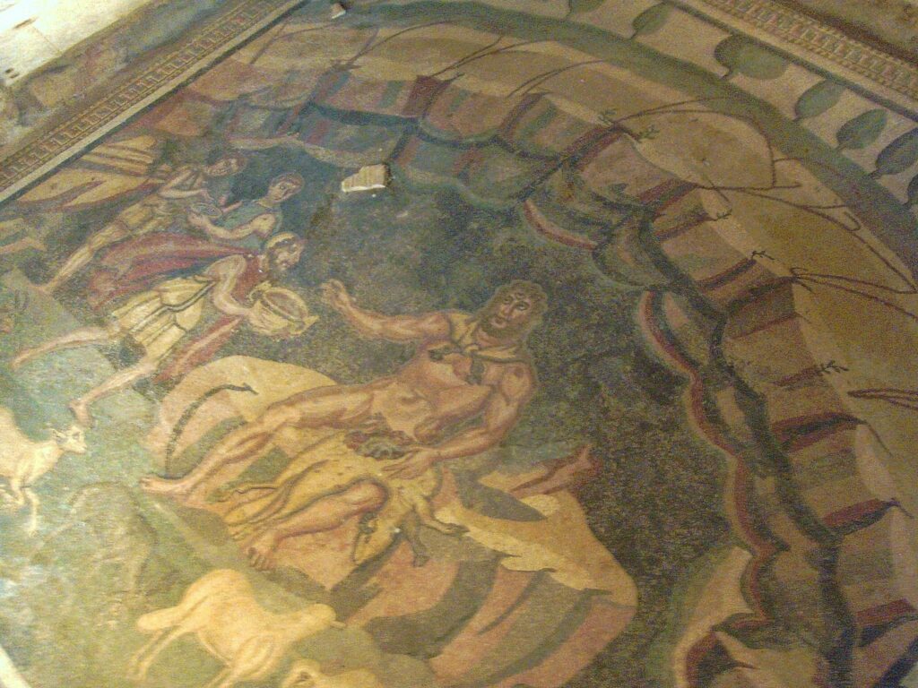 Particolare del mosaico col mito di Ulisse che inganna Polifemo, Villa del Casale di Piazza Armerina (foto di A. Patti)